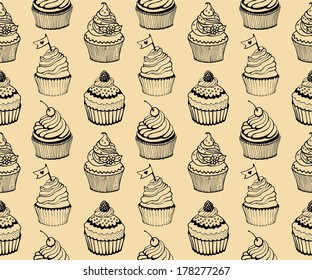 Cupcake baking seamless hand drawn pattern on the beige background