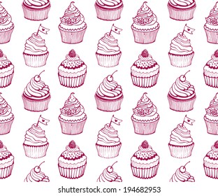 Cupcake baking seamless hand drawn pattern on the beige background