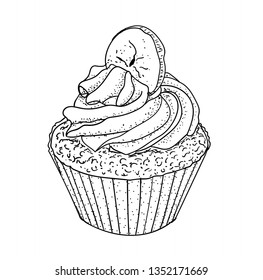 Cupcake banana and chocolate contour black isolated on white background, stock vector illustration for design and decoration, menu, sticker, print, dessert