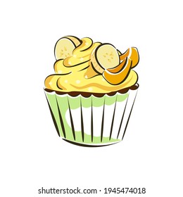 Cupcake, banana yellow cream cake, garnished with banana pieces. Isolated vector illustration, sketch for menus and teahouses.