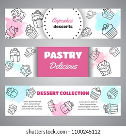 Cupcake banners with handdrawn cupcakes and pink splashes. Sweet pastry slogan. Bakery Desserts collection Vector