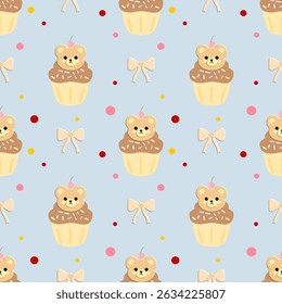 Os ursos de cupcake curvam-se em um fundo azul, padrão de tecido, padrão sem costura, papel de embrulho para presente 