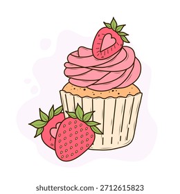 Um cupcake em uma embalagem bege com creme de manteiga redemoinho rosa macio, coberto com morangos frescos. Ilustração vetorial em estilo cartoon. Perfeito para o design de padrões, menu, têxteis e pratos.
