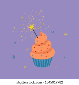 Cupcake with bengal light isolated on colorful background. Flat cartoon style vector illustration