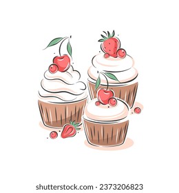 Сake, cupcake and berries. Cake shop. Vector illustration on white background for menu, recipe book, baking shop.