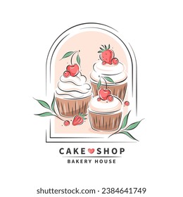 Сake, cupcake and berries. Cake shop. Vector illustration on white background for menu, recipe book, baking shop.