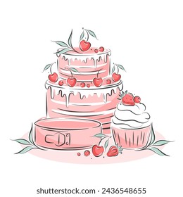 Сake, cupcake and berries. Cake shop. Vector illustration on white background for menu, recipe book, baking shop.