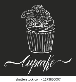 Cupcake with berries, cream and mint. Sweet beautiful dessert. Clipart for a restaurant or cafe menu. Line art with inscription isolated on black background