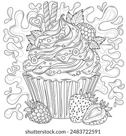 Cupcake with berries and decoration.Coloring book antistress for children and adults. Illustration isolated on white background. Hand draw