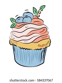 Cupcake with berries on the white background. Vector illustration