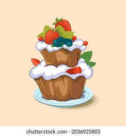 Cupcake with berries. Vector sweet desserts. Food icon