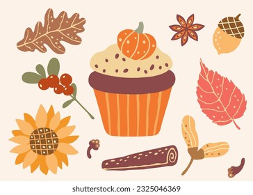 Cupcake, berry, spice, sunflower and forest leaves. Autumn mood clipart.