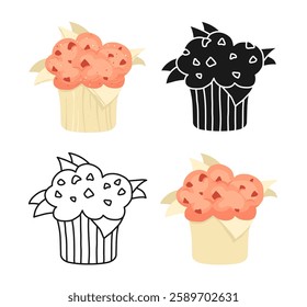 Cupcake with berry strawberry vector illustration. Celebration dessert pastry cupcake hand drawn flat outline silhouette, textured cartoon styles set. Sweet tiny cake food for bakery, menu recipe book