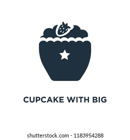 Cupcake with big cherry icon. Black filled vector illustration. Cupcake with big cherry symbol on white background. Can be used in web and mobile.