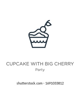 Cupcake with big cherry icon. Thin linear cupcake with big cherry outline icon isolated on white background from party collection. Line vector sign, symbol for web and mobile