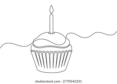 Cupcake with birthday candle continuous one line drawing minimalist simple sweet cake outline minimal vector illustration