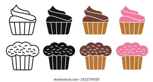 Cupcake with a birthday candle icon. Festive bakery treat, featuring a pixel-perfect design with editable stroke