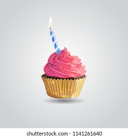 Cupcake. Birthday Cupcake With Candle Isolated