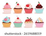 Cupcake birthday elements clipart set. Birthday cupcake drawing clip art collection birth day sweet cake delicious party food vector illustration.     

