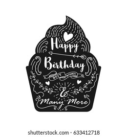 Cupcake black silhouette with happy birthday greetings. Vector double exposure illustration. Banner, heart, arrow. Vintage greeting card design element.