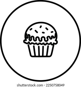 Cupcake black and white line icon vector illustration in a circle, for web use for sweet food, dessert, baked, muffin.