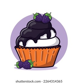 cupcake, cupcake with blackberries. Chocolate glazed muffin with cream. Blackberry cupcakes. blackberry decoration