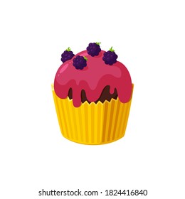 Cupcake with blackberry and red icing. Fairy cake in paper cup. Tasty dessert with colored frosting. Vector illustration in cute cartoon style