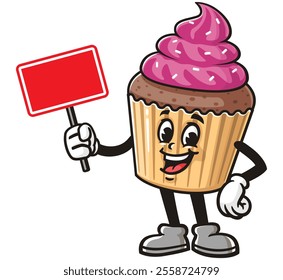 Cupcake with blank sign board,  Cartoon Character Mascot Illustration Vector Clip-art Hand-drawn Logo Design