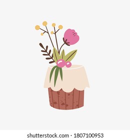 Cupcake with blooming flowers. Hand drawn illustration isolated on white background. Greeting card or postcard design element