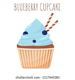 Cupcake with blue cream, blueberry and waffle tube on the top. Vector isolated on a white background