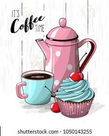 Cupcake with blue cream and cherry, cup of coffee and pink tea pot on simple white wooden texture, vector illustration, eps 10 with transparency