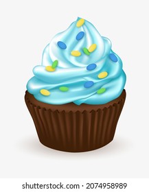 Cupcake with blue cream and multicolored sprinkles. Vector illustration. 3d realistic.