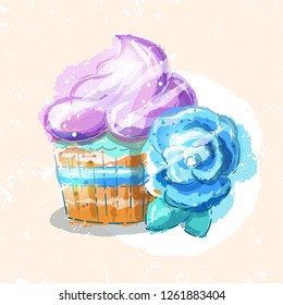 Cupcake with a blue flower, vector illustration in a hand drawn style. Bakery illustration.
