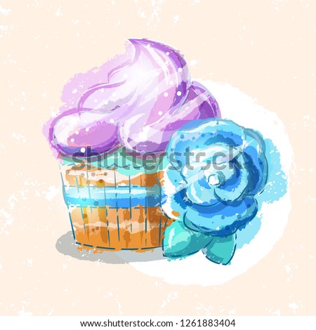 Cupcake with a blue flower, vector illustration in a hand drawn style. Bakery illustration.