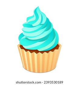 Cupcake with blue green mint cream.  Vector illustration isolated on white background.