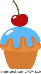 Cupcake with blue icing and cherry on top, illustration, vector on a white background