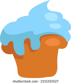 Cupcake with blue icing, illustration, vector on a white background.