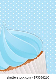 Cupcake with Blue Icing on a Blue Polka Dot Background