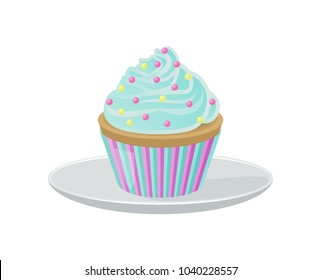 Cupcake with blue sweet cream and bright colorful round sprinkles on top in striped wrapper on plate isolated cartoon vector illustration on white background.