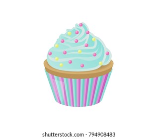 Cupcake with blue sweet cream and bright colorful round sprinkles on top in striped wrapper isolated cartoon vector illustration on white background.