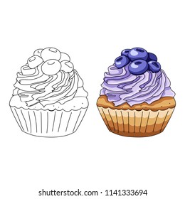 Cupcake with blueberries. Coloring book. Hand drawing. Vector illustration. Berry muffin in cartoon style. Logo for homemade pastry shop, bakery.