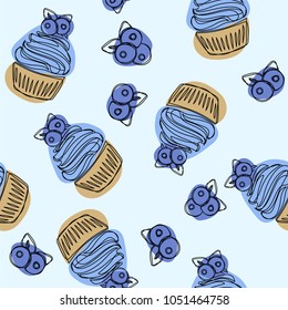 Cupcake with blueberries hand drawn , vintage colorful food sketches. Vector illustration.