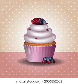Cupcake with blueberries and raspberries on polka dot background