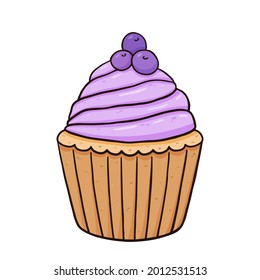 Cupcake with blueberry cream decorated with berries. Vector hand-drawn illustration isolated on white background. Perfect for cards, menu, logo, invitations, decorations.