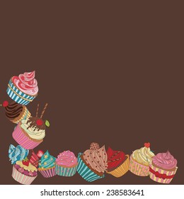 Cupcake border pattern. Seamless Sweet food texture. Use as a greeting card