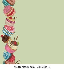 Cupcake border pattern. Seamless Sweet food texture. Use as a greeting card