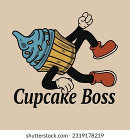 Cupcake Boss With Cake Groovy Character Design