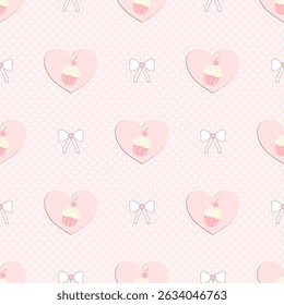 cupcake bow, heart on pink and white polka dots background, fabric pattern, checkered pattern, gift wrapping paper , seamless pattern 
