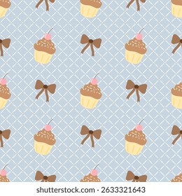 Cupcake Bogen auf blauem Hintergrund, Stoffmuster, Schachbrettmuster, Geschenkpapier , nahtloses Muster 