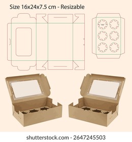 Cupcake Box Dieline with Window | for 6 Cupcakes Template - Key Line